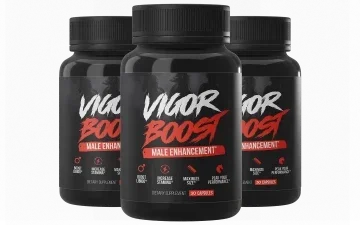 VigorBoost male enhancement capsules — three matte-black bottles, Boost Libido, Increase Stamina, Maximize Size, Peak Your Performance