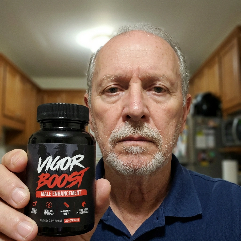 VigorBoost verified customer holding the male enhancement capsules bottle at home